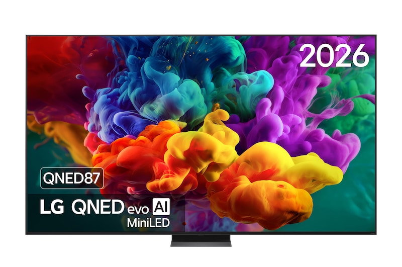 Het vooraanzicht van de LG QNED evo AI QNED87 Mini LED, uitgebracht in 2026, laat levendige, vloeiende uitbarstingen van dichte kleurwolken op het scherm zien, met Dynamic QNED Color Pro, Mini LED, een alpha 8 AI Processor 4K Gen3, webOS en een 100-inch scherm.